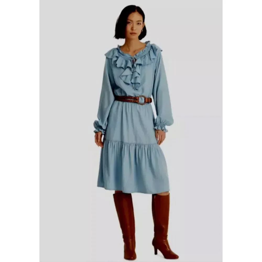 NWOT - Lauren Ralph Lauren Chambray Ruffle Keyhole Tie Front Midi Dress, Sz 2